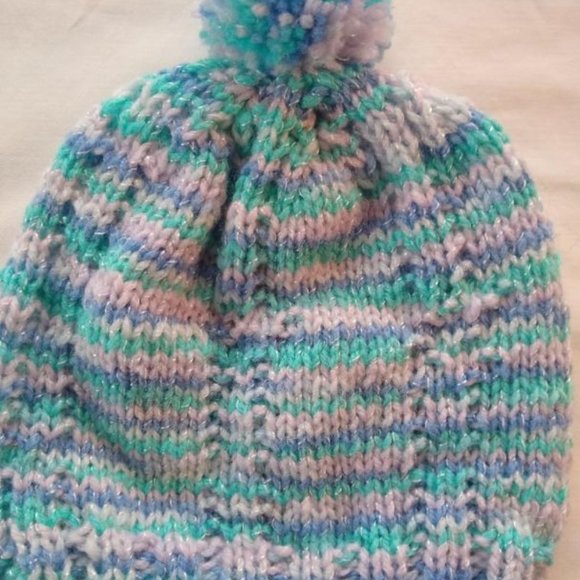 HandKnit Baby Cap Blue Multicolor with PomPom 0-3 Mon Infant Beanie - Picture 5 of 5